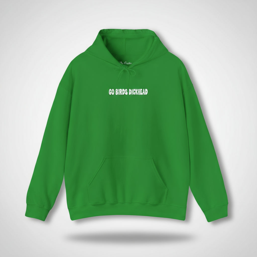 Green hoodie with text on a white background