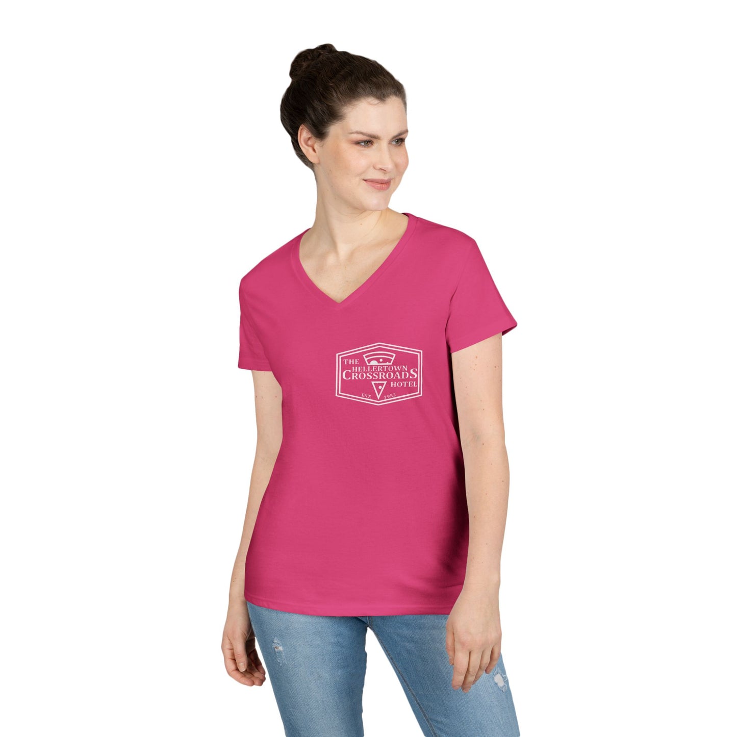 Ladies' V-Neck T-Shirt - Hellertown Crossroads Hotel Design