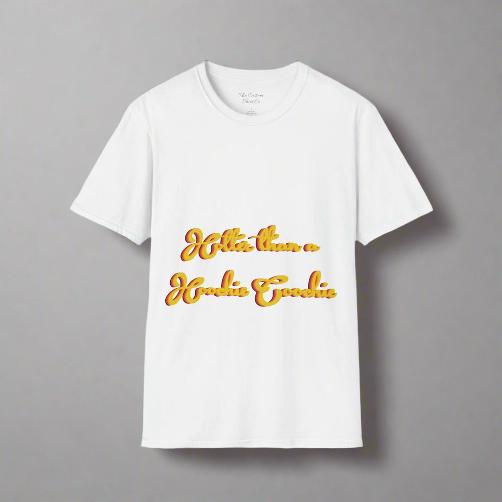 White t-shirt with yellow text on a white background