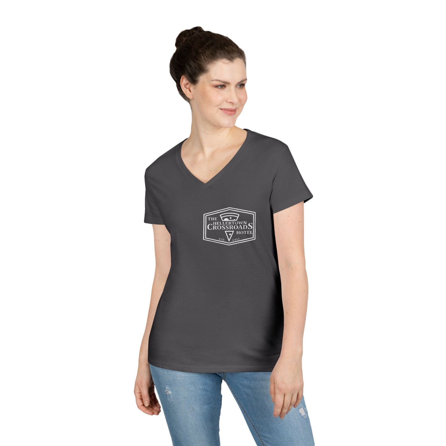 Ladies' V-Neck T-Shirt - Hellertown Crossroads Hotel Design