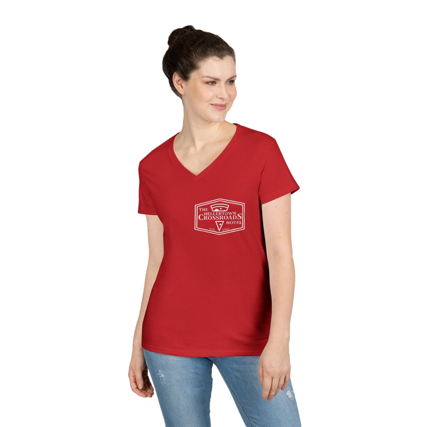 Ladies' V-Neck T-Shirt - Hellertown Crossroads Hotel Design