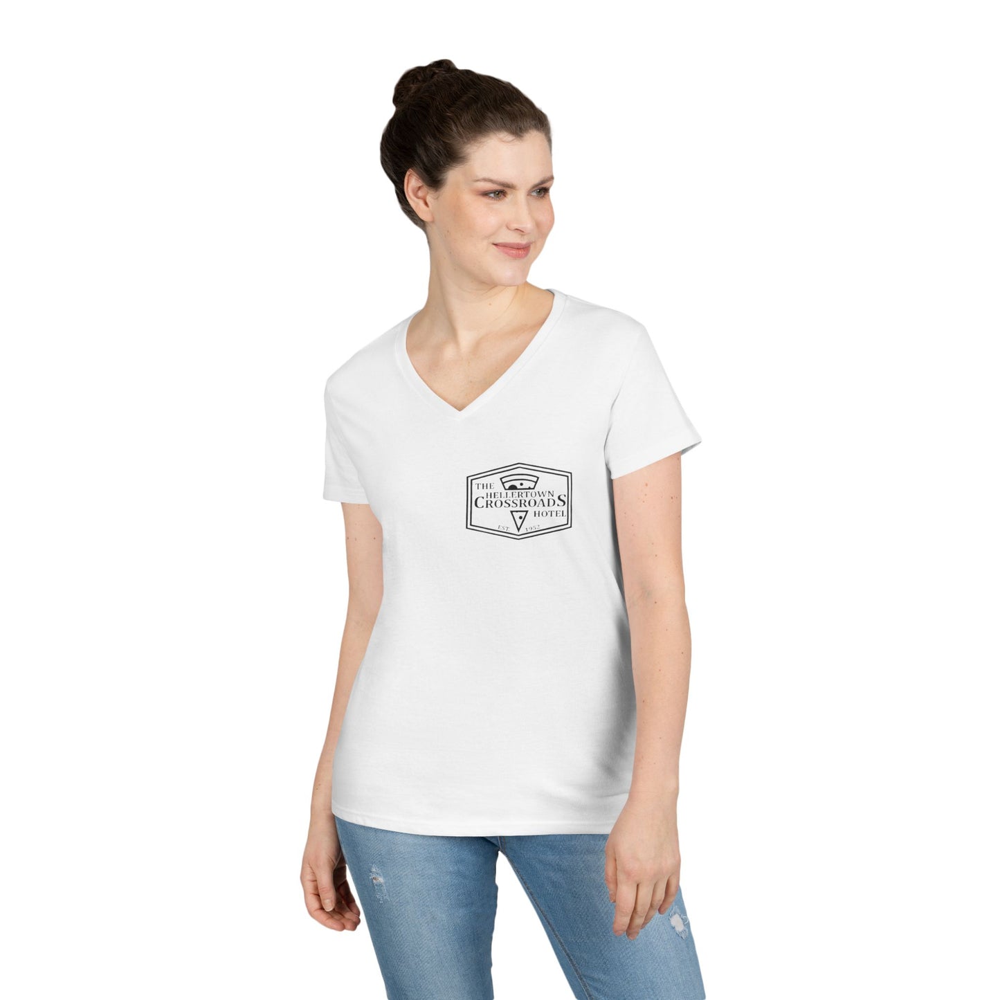 Ladies' V-Neck T-Shirt - Hellertown Crossroads Hotel Design