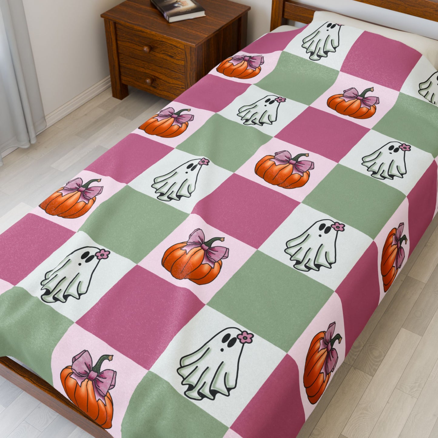 Halloween Ghost and Pumpkin Velveteen Plush Blanket