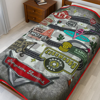 Cozy Route 66 Velveteen Plush Blanket - Retro Travel Decor, Perfect Gift for Road Trip Lovers, Camping, Home Decor, Snuggle Up!