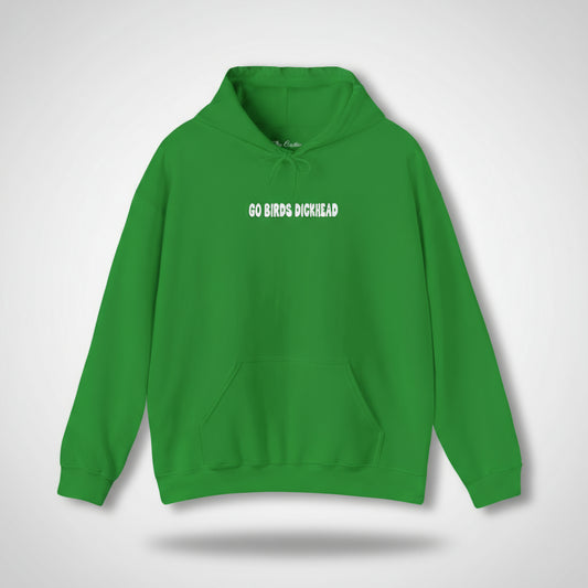 Green hoodie with text on a white background
