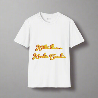 White t-shirt with yellow text on a white background