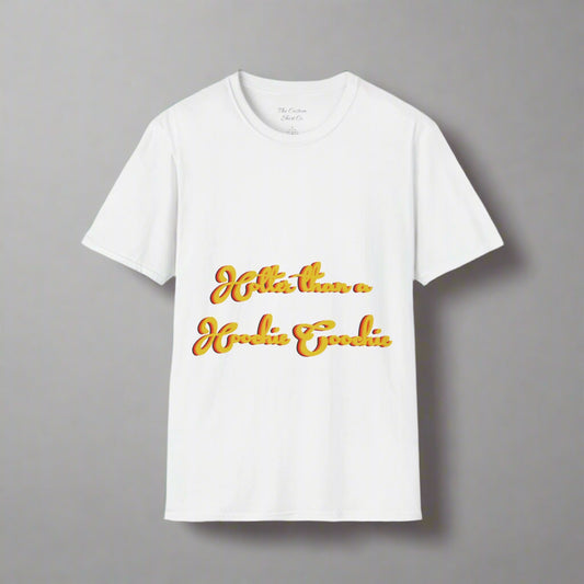 White t-shirt with yellow text on a white background