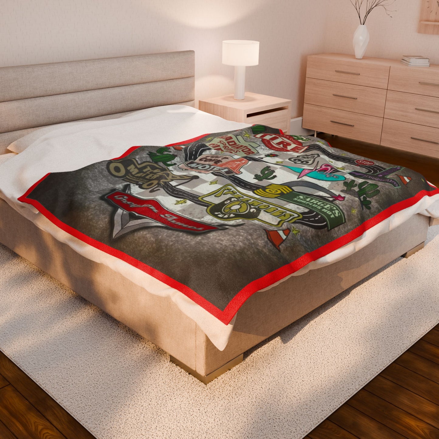 Cozy Route 66 Velveteen Plush Blanket - Retro Travel Decor, Perfect Gift for Road Trip Lovers, Camping, Home Decor, Snuggle Up!