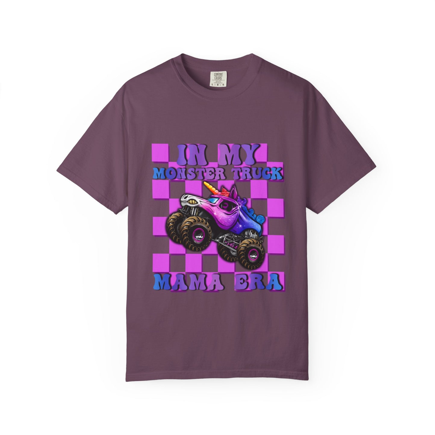 Monster Truck Mama Graphic T-Shirt — "In My Monster Truck Mama Era" Pink Checkerboard