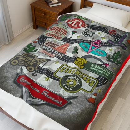 Cozy Route 66 Velveteen Plush Blanket - Retro Travel Decor, Perfect Gift for Road Trip Lovers, Camping, Home Decor, Snuggle Up!