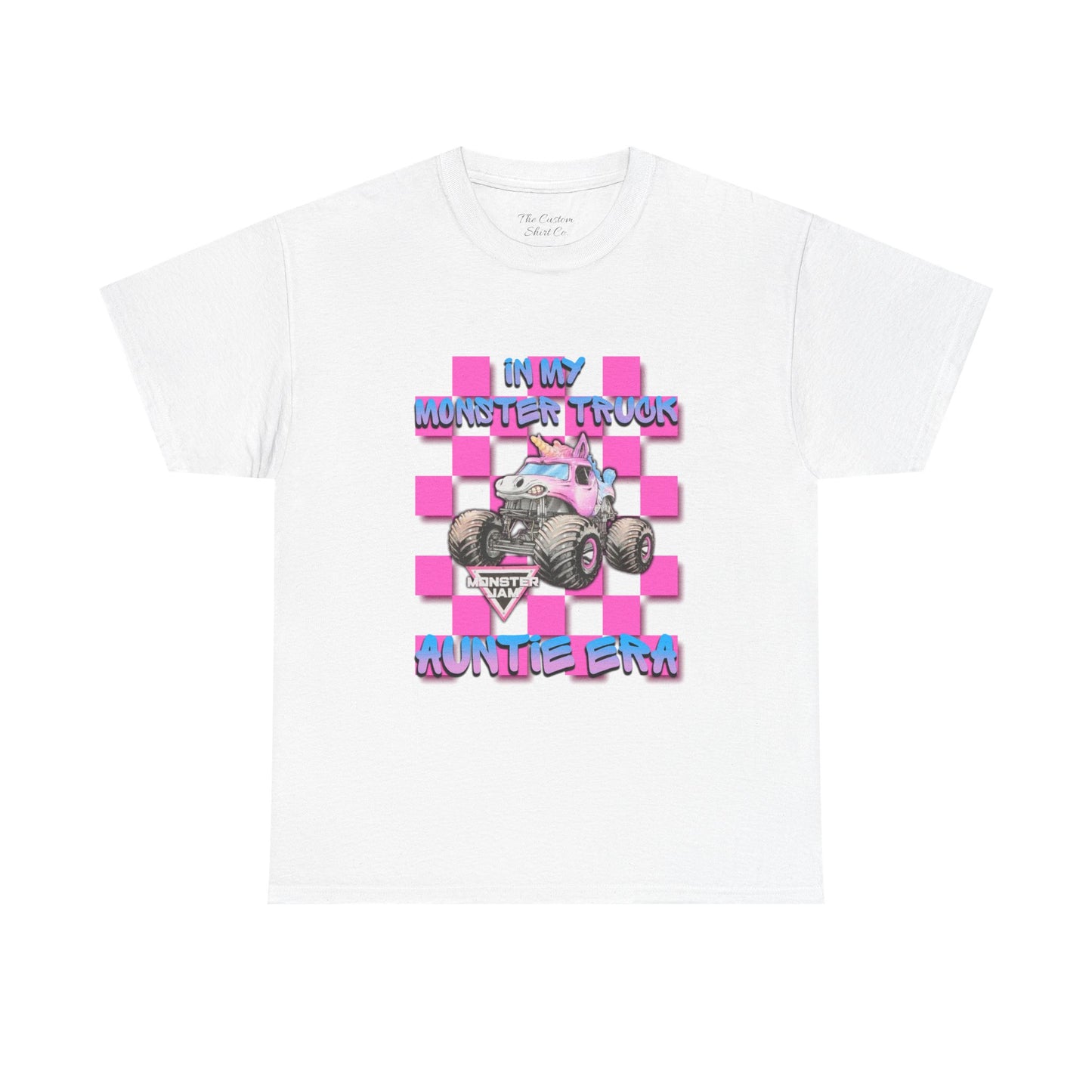 Kids' Monster Truck Tee — "My Monster Truck Auntie Era" Pink Checkered Graphic