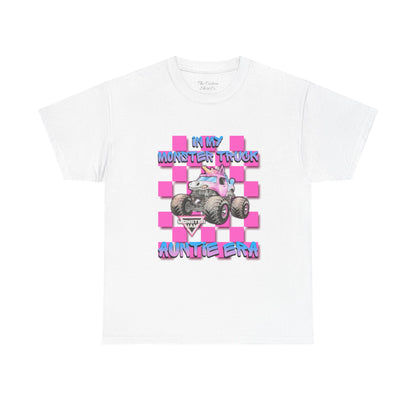 Kids' Monster Truck Tee — "My Monster Truck Auntie Era" Pink Checkered Graphic