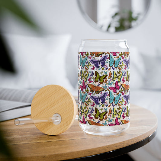 Colorful Butterfly Sipper Glass, 16oz | Eco-Friendly Glass Cup, Reusable Drink Jar, Gift for Nature Lovers, Summer Sippers, Kitchen Decor